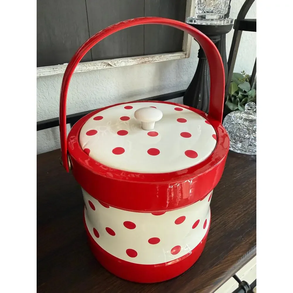 Vintage Red White Polka Dot Ice Bucket Retro Vinyl Barware Mid Century Style